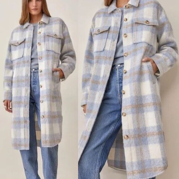 REFORMATION Size M Ainslie Plaid Jacket Coat Flannel Oversized Light Blue - Picture 1 of 10